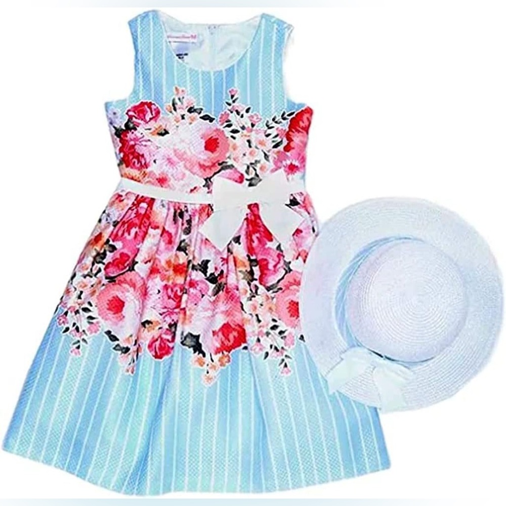 NWT Bonnie Jean Floral Stripe Easter Dress Aquamarine Blue Size 20 1/2 MSRP $68
